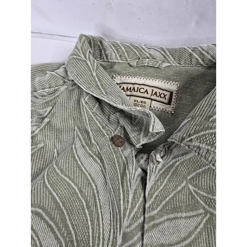 Jamaica Jaxx Shirt Mens XL Green Short Sleeve Button Up Hawaiian Leaf‎ Silk Vtg